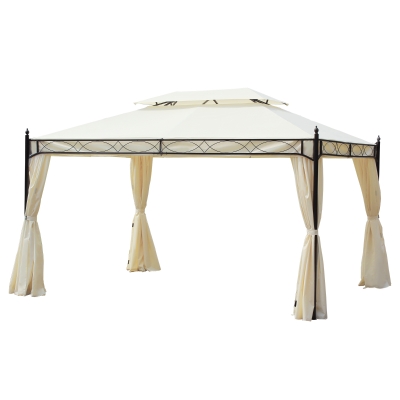 Outsunny Pérgola de Jardim 4x3 m com Telhado Duplo 4 Cortinas Estrutura de Aço 8 Orifícios de Drenagem Anti-UV Creme