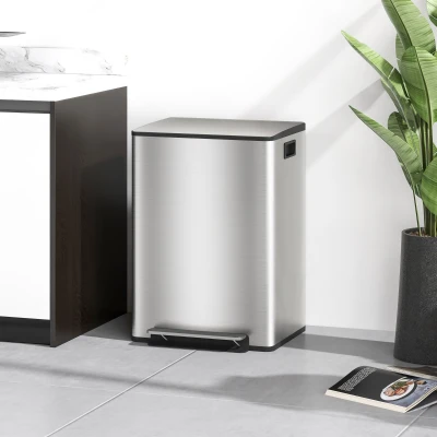 HOMCOM Kosz na śmieci z 2x30L komorami, pokrywą soft-close, odporny na odciski, stal nierdzewna, srebrny