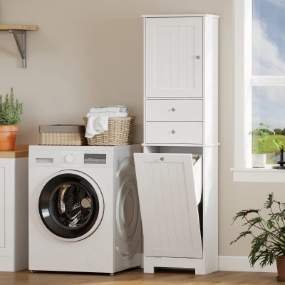 HOMCOM Armário Alto para Banheiro Estreito com Cesto de Roupa Basculante Cor Branco