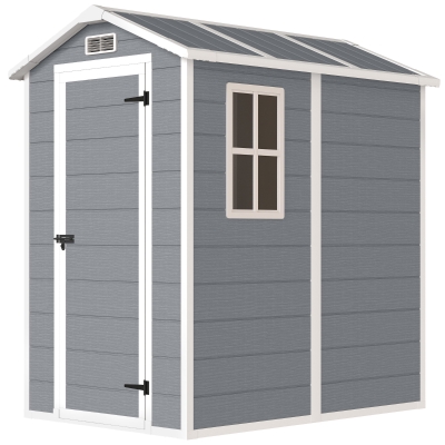 Outsunny 4 x 6ft Garden Shed, Plastic Shed with Floor, Window, Lockable Door and Vents, Resin Tool Shed for Outdoor Patio, Grey