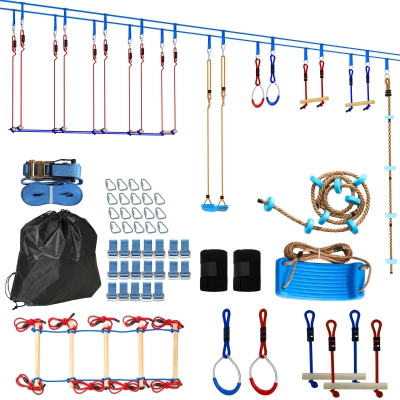 AIYAPLAY Ninja Line Set Slackline copii 24 m cu inele gimnastice, 7 obstacole, bară de cățărat, pod de echilibru pentru 3-6 ani Roșu+Albastru
