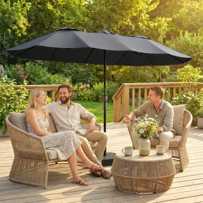 Outsunny Guarda-sol Duplo de Jardim 3x1.5 m, Guarda-sol Externo com Sacos de Areia, Anti UV 50+, Cinza Escuro