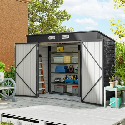 Outsunny Caseta de Jardín Exterior 2,7m² 249x121x183 cm con Doble Puerta 2 Ventilaciones y Pestillo Gris