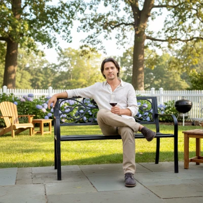 Outsunny Tuinbank 3-zits Stalen Bank Bank met Armleuningen Gietijzer Zwart 127 x 60 x 89 cm