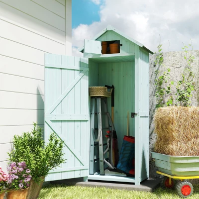 Outsunny Armário de Jardim de Madeira 77x54,2x179 cm 0,3 m² Armário de Armazenamento com 3 Prateleiras e 2 Portas Azul Claro