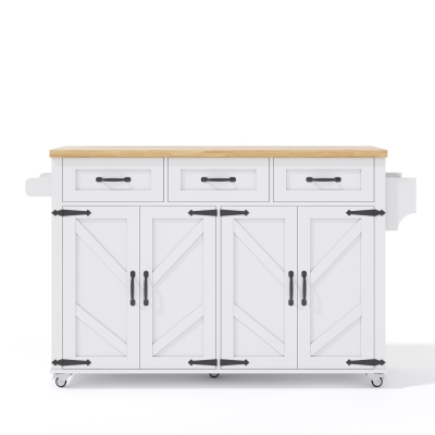 Mobile Kitchen Island with 5 Lockable Castors and Central Wheel, 140L x 70W x 90.5H cm, White+Natural