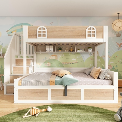 Cabin-Style Bunk Bed with Staircase Storage Cube & Hanging Baskets, 244L x 140W x 155H cm, Natural+White