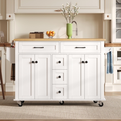 Versatile Kitchen Trolley with Extendable Worktop and 5 Drawers, 140L x 65W x 89H cm, White+Natural
