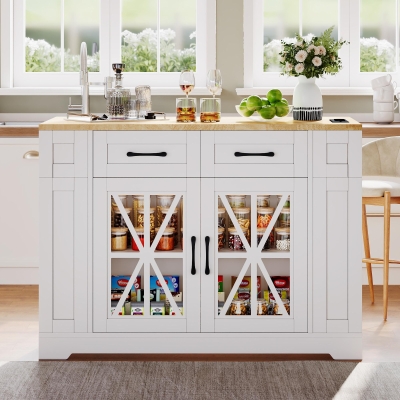 Mobile Kitchen Island with Foldable Tabletop and Sockets, 120L x 65W x 92H cm, White+Natural