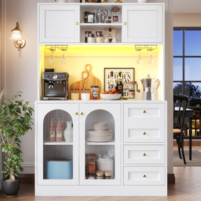 Modern Sideboard with App-Controlled LED, Snack Rack and Drink Holders, 120L x 40W x 188H cm, White