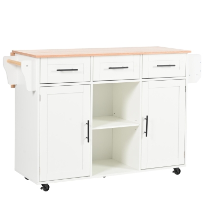 Stylish Kitchen Trolley with Foldable Wood-Grain Countertop, 139L x 46W x 91H cm, White