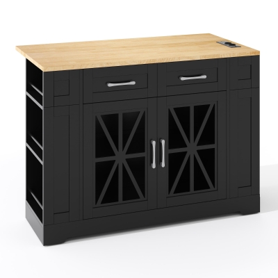 Mobile Kitchen Island with Foldable Tabletop and Sockets, 120L x 65W x 92H cm, Black+Natural