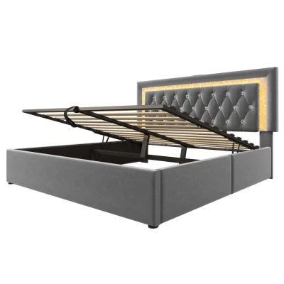 Upholstered Bed with Built-In USB Ports and Type-C Charging, 214L x 160W x 108H cm, Grey