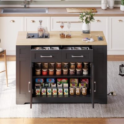 Mobile Kitchen Island with Foldable Tabletop and Sockets, 120L x 65W x 92H cm, Black+Natural