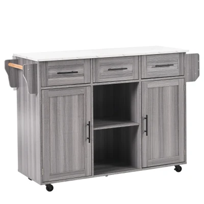 Stylish Kitchen Trolley with Foldable Wood-Grain Countertop, 139L x 46W x 91H cm, Gray