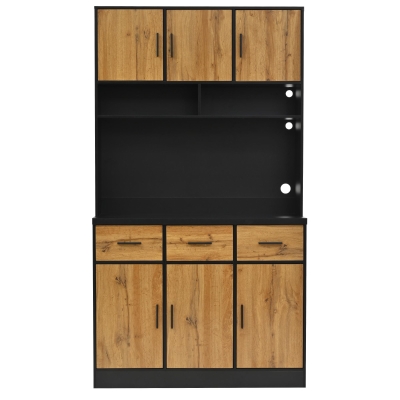 Stylish Tall Pantry Cabinet with App-Controlled LED, 100L x 40W x 180H cm, Black+Natural