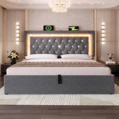 Upholstered Bed with Built-In USB Ports and Type-C Charging, 214L x 160W x 108H cm, Grey