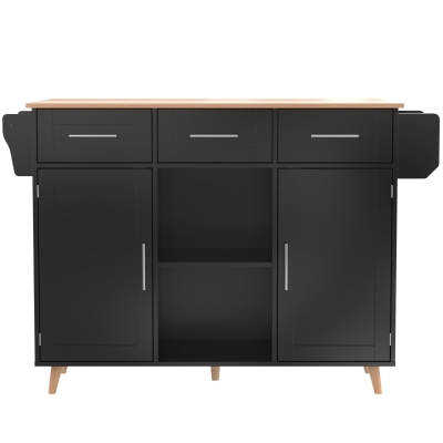 Stylish Kitchen Trolley with Foldable Wood-Grain Countertop, 139L x 46W x 91H cm, Black+Natural