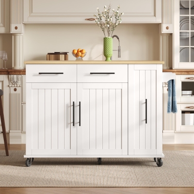 Sleek Kitchen Trolley with Drop Leaf and Pull-Out Organiser, 120L x 40W x 90H cm, White+Natural