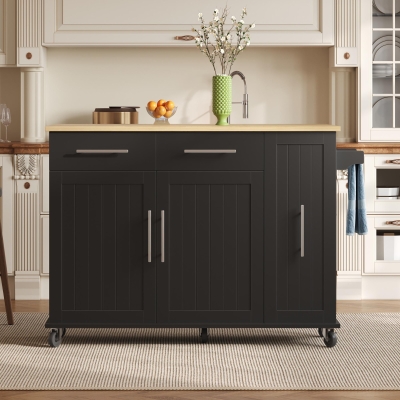 Sleek Kitchen Trolley with Drop Leaf and Pull-Out Organiser, 120L x 40W x 90H cm, Black+Natural