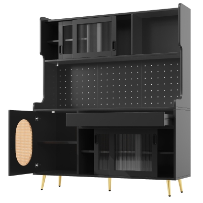 Country-Style Sideboard with Fluted Glass Doors and App-Controlled LED Strip, 145L x 39W x 171H cm, Black