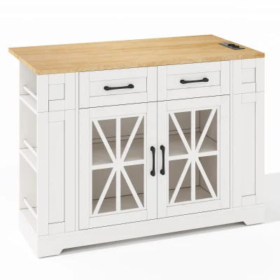 Mobile Kitchen Island with Foldable Tabletop and Sockets, 120L x 65W x 92H cm, White+Natural