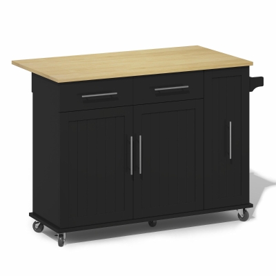 Sleek Kitchen Trolley with Drop Leaf and Pull-Out Organiser, 120L x 40W x 90H cm, Black+Natural