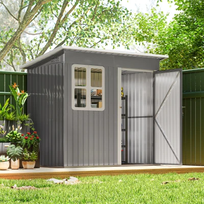Outsunny Abrigo de Jardim Exterior 2,55 m² 221x133x190 cm com Janela Porta com Fechadura e Ventilações Cinzento Escuro
