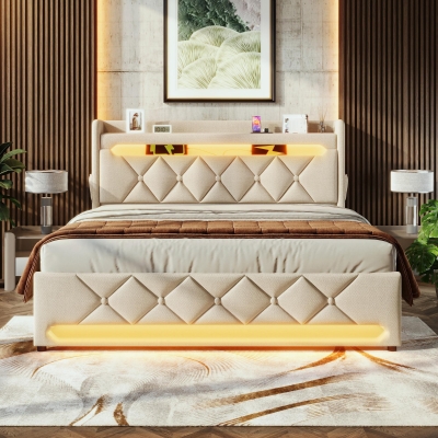 Upholstered Storage Bed with Integrated LED Lighting and USB Ports, 225L x 156W x 111H cm, Beige