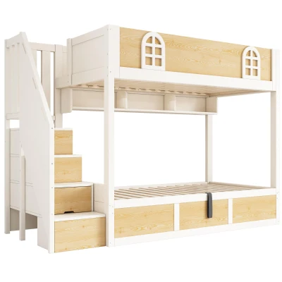Cabin-Style Bunk Bed with Staircase Cabinet & Underbed Storage, 243L x 95W x 152H cm, Natural+White