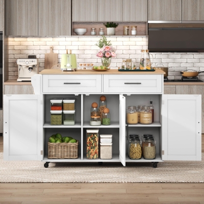 Modern Kitchen Trolley with 2 Drawers and Cabinets, 129L x 46W x 91.5H cm, White+Natural