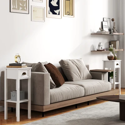 HOMCOM Conjunto de 2 Mesas Auxiliares Mesas de Cabeceira com Gaveta e Prateleira de Armazenamento para Quarto 30x30x75 cm Branco