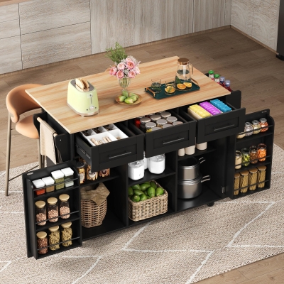 Stylish Kitchen Trolley with Foldable Wood-Grain Countertop, 139L x 46W x 91H cm, Black+Natural