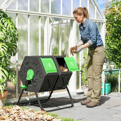 Outsunny Compostor Giratório de 130L Recipiente de Compostagem de Jardim de Dupla Câmara com Aberturas de Ventilação 67x60x77 cm Preto e Verde