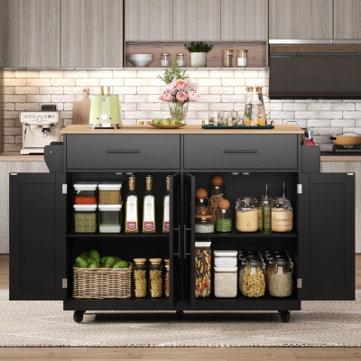 Contemporary Kitchen Storage Trolley with Foldable Dropleaf, 120L x 71W x 91.5H cm, Black+Natural