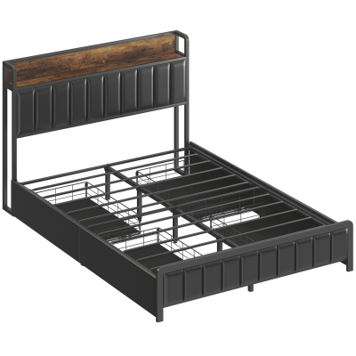HOMCOM Cadru de pat 140 x 190 cm cu somieră cu lamele metalice, pat dublu căptușit cu 4 sertare și poliță, negru