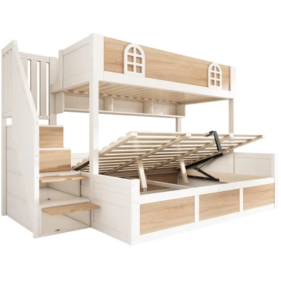 Cabin-Style Bunk Bed with Staircase Storage Cube & Hanging Baskets, 244L x 140W x 155H cm, Natural+White