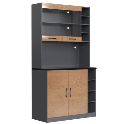 Tall Kitchen Cupboard with LED Lighting, Generous Storage, 100L x 47W x 187H cm, Natural+Grey