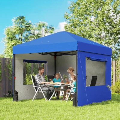 Outsunny Tenda Dobrável 3x3 m Pop-up com 3 Paredes Laterais 2 Janelas em Malha UPF50+ Altura Ajustável 3 Níveis Azul