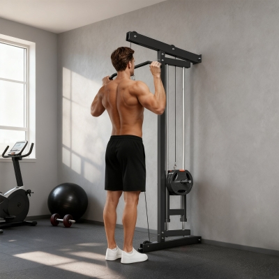 SPORTNOW Roeimachine voor training, wandgemonteerd fitnessapparaat, kabelmachine voor thuisgym, staal, zwart