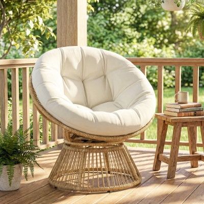 Outsunny Poltrona Papasan 360° Giratória Cadeira de Rattan com Almofada Estrutura em Aço Poltrona Redonda Creme