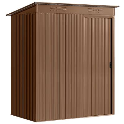 Outsunny Căsuță de Grădină 1.37m² din Metal, Montaj Ușor, Căsuță pentru Unelte de Grădină cu Orificii de Aerisire, Ușă Glisantă, Acoperiș Înclinat și Mănuși, 159x106x181 cm, Maro