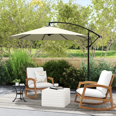 Outsunny Chapéu de Sol de Jardim Ø300x260cm Chapéu de Sol Excêntrico Inclinável com Manivela Base Cruzada e Suporte de Metal 8 Hastes para Terraço Exterior Balcão Creme