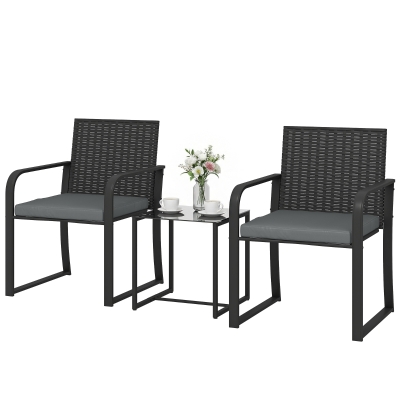 Outsunny Ensemble Jardin Rotin 2 Fauteuils Coussins Table Verre Gris