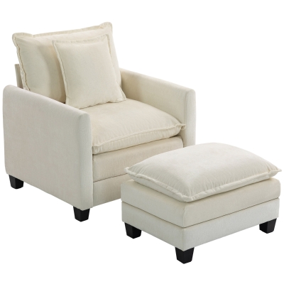 HOMCOM Fauteuil Salon 1 Place Chenille Crème avec Repose-Pied