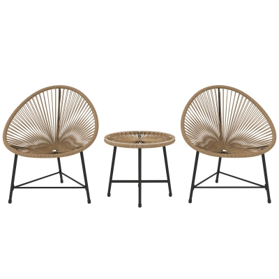 Outsunny 3-delige Tuinmeubelset, 2 Kunststofrattan Stoelen, 1 Tafel met Glazen Blad, Stalen Frame, Buiten Zitmeubels, Lichtbruin