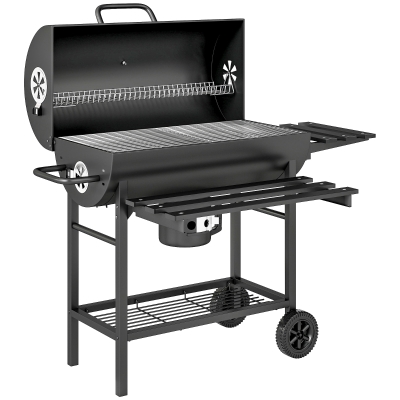Outsunny Houtskoolgrill van Staal BBQ Smoker met Deksel Handgrepen Thermometer Wielen Verplaatsbaar 114 x 65 x 95 cm