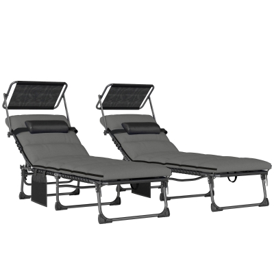 Outsunny Conjunto de 2 espreguiçadeiras dobráveis com toldo, cadeiras reclináveis com almofada, bolso lateral e pega de transporte, cinza escuro