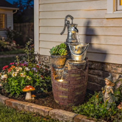 Outsunny Fonte em cascata 4 níveis rústica para jardim com iluminação LED, vaso para plantas e bomba ajustável 34 x 31 x 76 cm