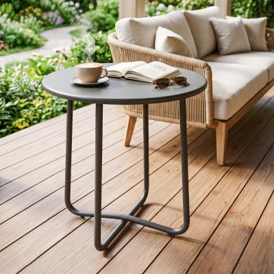 Outsunny 48 cm Round Garden Side Table, Small Metal Outdoor Garden Table with Rolled Edge, Dark Grey